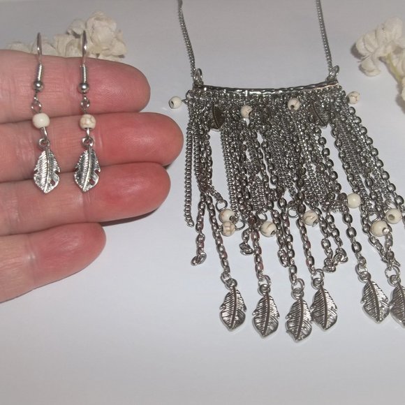 Feather Necklace & Earring Set Cream Silver Beaded Long Boho Style Fashion A641 - Picture 7 of 7